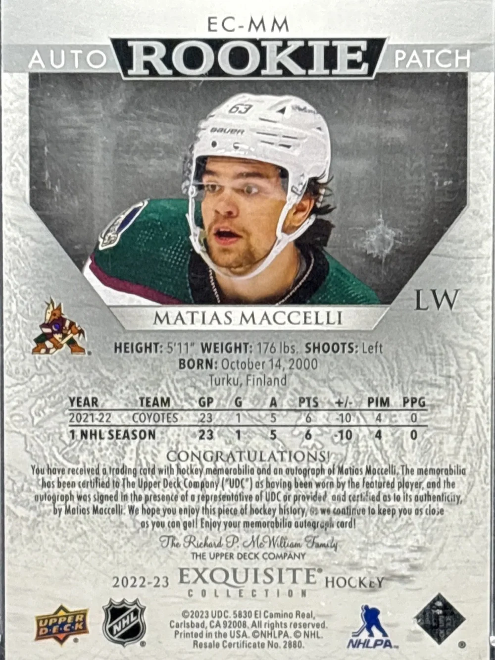 Upper Deck Matias Maccelli Rookie Patch Card - Auto LE 10/63